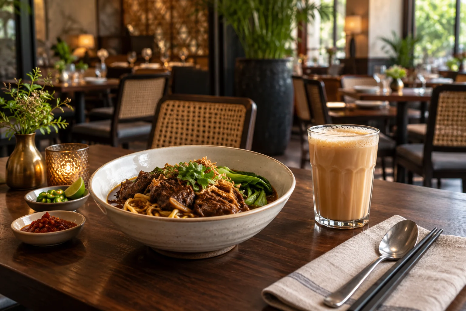 A warm restaurant table with a bowl of noodles and teh tarik
