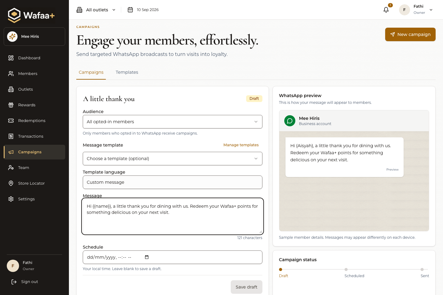 Actual campaign workspace with message editor, audience controls and message preview