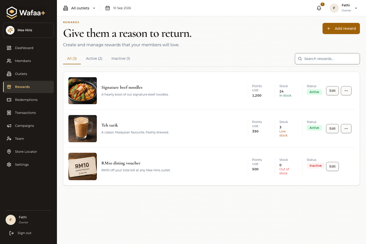 Actual reward cards showing restaurant items, points costs and available stock